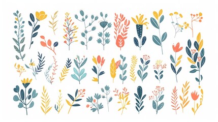 Obraz premium sticker floral background with isolated elements of flowers and leaves, illustration