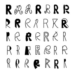 Variety of R Letter Designs in Different hand drawn Fonts and Styles on a White Background