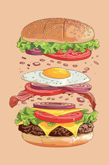 Vecotiral illustration of beef burger with ham, cheese, egg, lettuce, tomato and onion