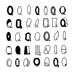 Hand drawn Q letters in different fonts and styles.