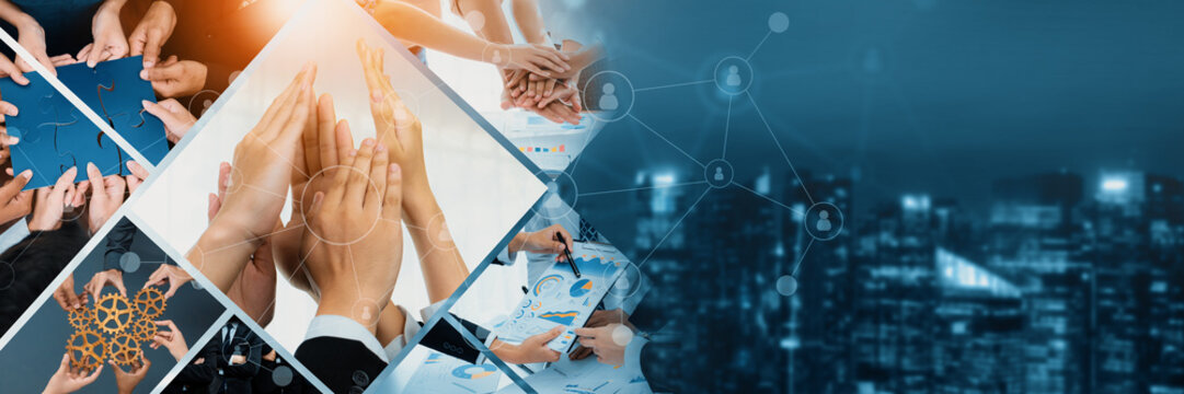 Teamwork and human resources HR management technology concept in corporate business with people group networking to support partnership, trust, teamwork and unity of coworkers in office kudos
