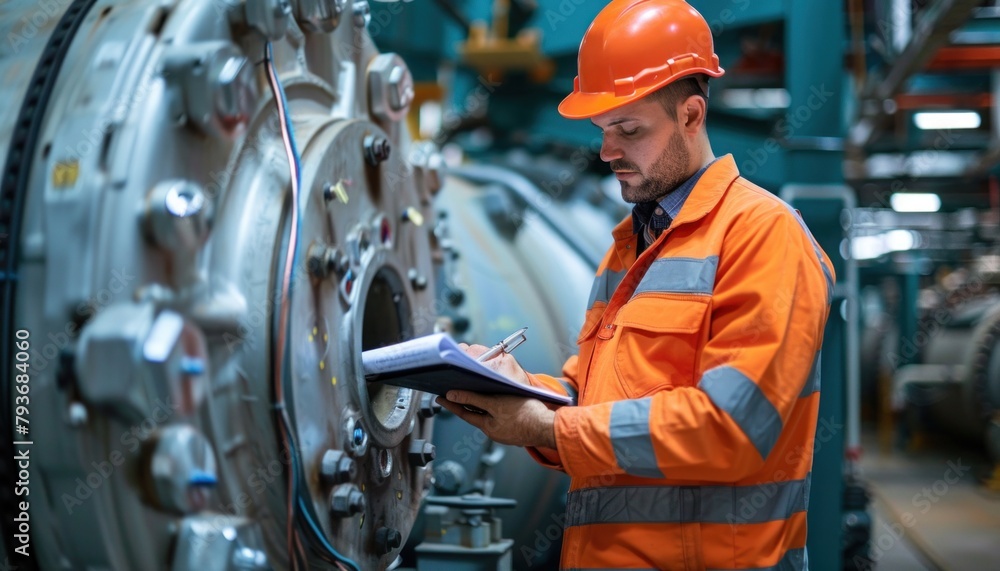 Poster a man is working on a machine in a factory and writing on a clipboard