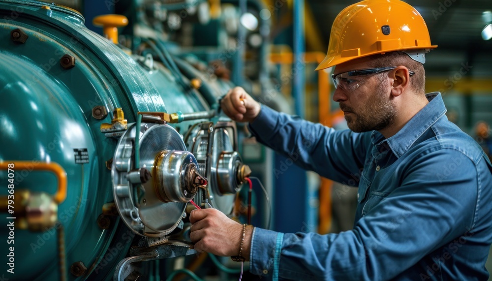 Poster engineer in workwear and hard hat working on machine in factory