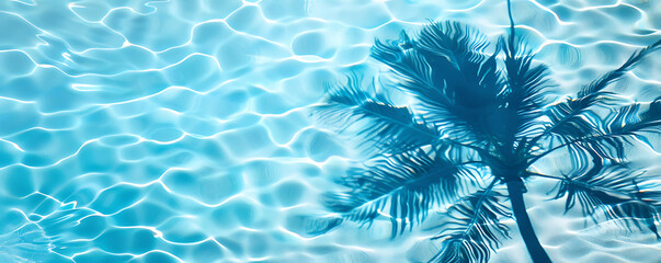Shadow of a palm tree falls on the turqoise water in the pool top view background copy space for text.