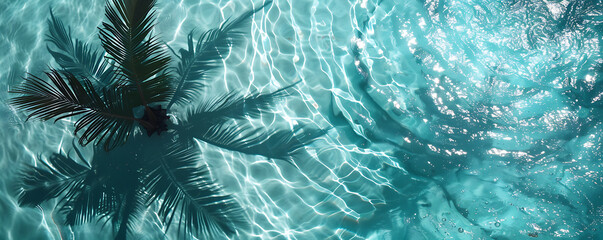 Shadow of a palm tree falls on the turqoise water in the pool top view background copy space for text.