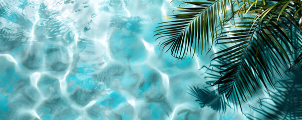 Shadow of a palm tree falls on the turqoise water in the pool top view background copy space for text.