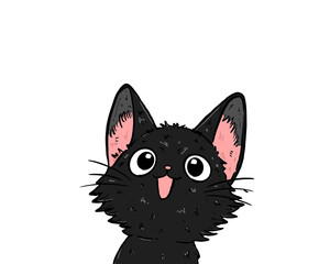 Cute black Cat funny smile happy decoration,  icon, color hand draw.