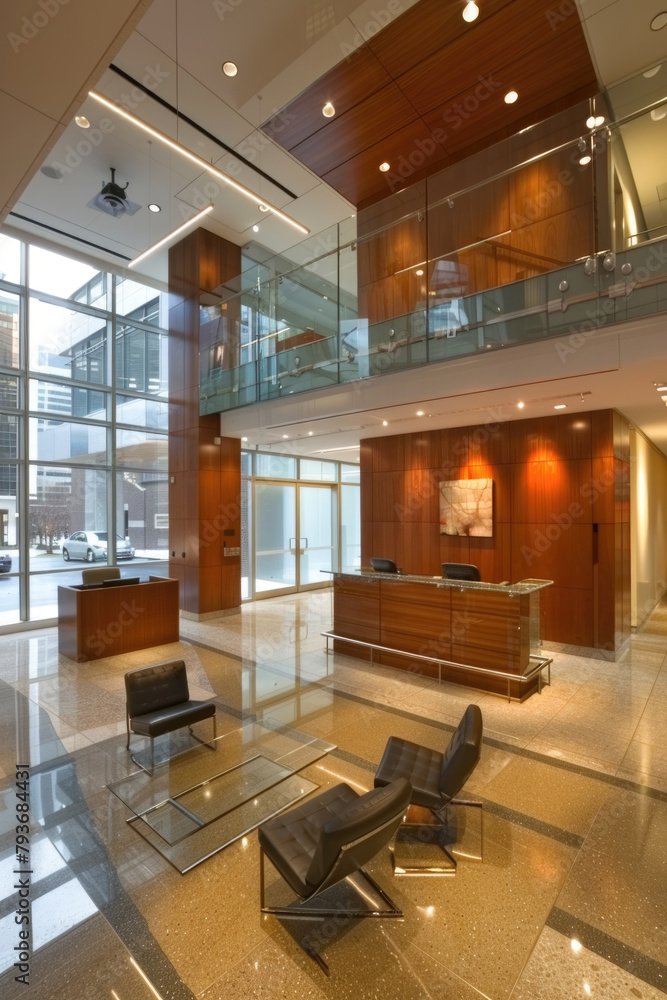 Poster a room featuring a large space with a glass floor and a desk, creating a modern and open ambiance