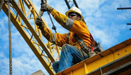 Fototapeta premium Construction worker in helmet on yellow crane, against sky backdrop