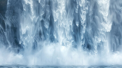 A large waterfall with a powerful flow of water cascading down from a great height, creating mist and a roaring sound