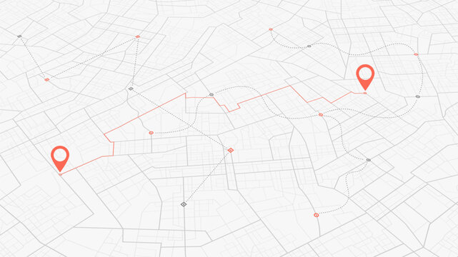 Navigation to poi. Online digital service for vehicle with location search. Generic city map with signs of streets, roads. Vector illustration, map background