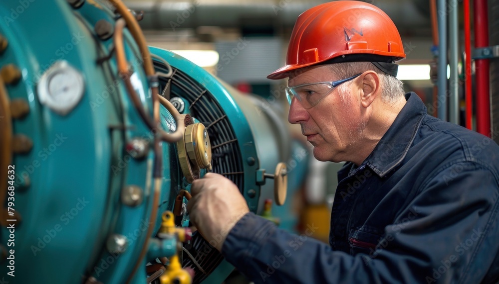 Aufkleber an engineer in workwear and helmet is working on a machine in a factory
