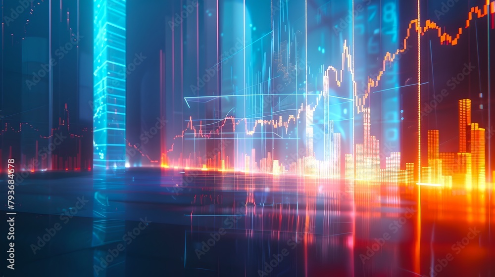 Aufkleber futuristic financial graphs on digital screen. abstract light lines and stock market data visualizat