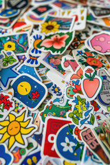 A collection of vibrant stickers piled neatly on a wooden table, showcasing a variety of colors and designs waiting to be used or displayed