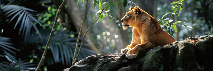 A lion rests on a large rock amidst lush green foliage in the jungle, exuding strength and grace in...