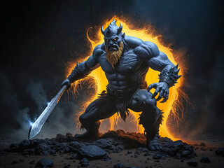 fantasy artwork muscular man with sword and burning aura