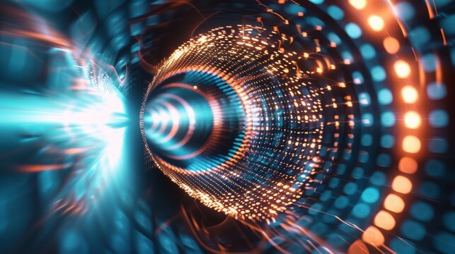 This photo features a vibrant blue and orange background with circles, creating a visually striking graphic design, creatively rendered wormhole depicting a VPN tunnel