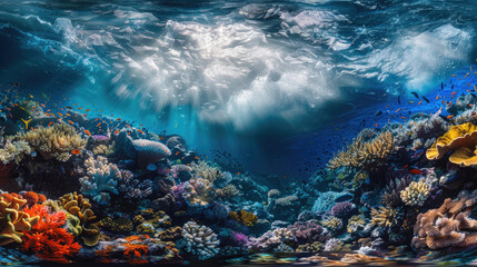 A colorful and diverse coral reef ecosystem teeming with marine life, including fish, crustaceans,...