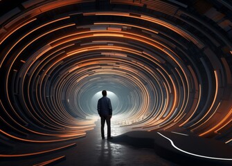silhouette of a businessman, seen from behind, standing within the LED technology-lit confines of an underground tunnel, his figure outlined by the striking play of light.