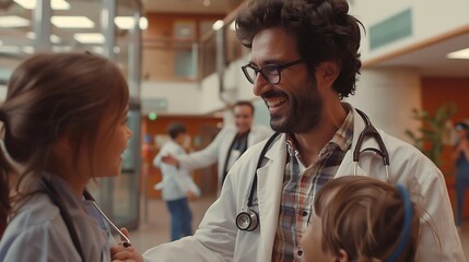 A child's laughter echoes in the doctor's office, where a smiling physician with a gentle touch dispels fear. Their rapport forms a bond of trust, as care meets joy, easing ailments with compassion