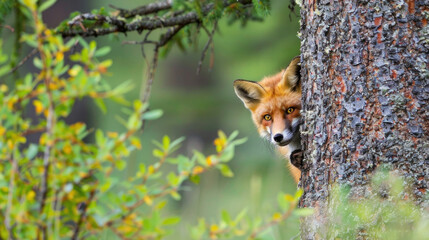 Obraz premium A red fox cautiously peeks out from behind a tree, surveying its surroundings with curiosity and alertness