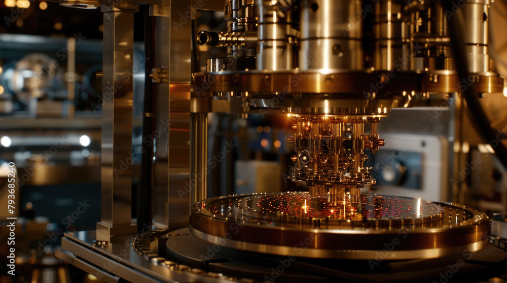 Poster detailed view of a complex machine covered in various mechanical parts and components