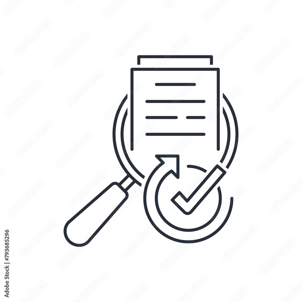 Poster analyze, verify project or regulatory or document. vector linear icon isolated on white background.