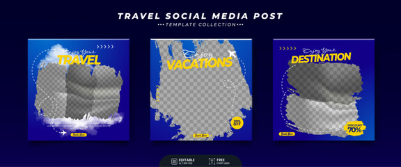 Editable template travel post for social media. Template for Instagram post, Facebook post, for corporate, company, tour tourism, advertisement, and business promotion.
