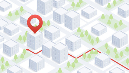 We have moved new office icon location. Address move change location announcement business home map. New pin location. Isometric vector illustration
