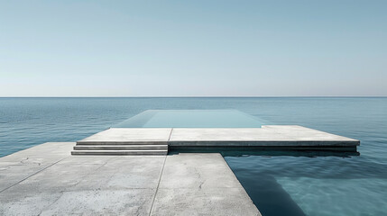 A concrete dock juts out into the calm water, providing a stable platform for boats and fishing....