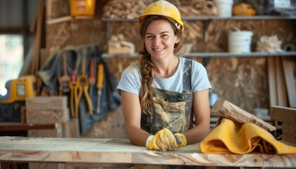 A woman in a hard hat smiles at a wooden table in a workshop