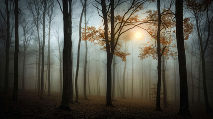 Thick fog envelops a forest filled with numerous tall trees, creating a mystical and eerie atmosphere in the dense woodland