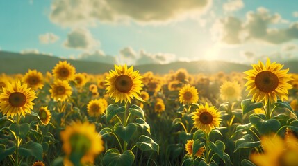 Golden sunflowers stretch endlessly, their vibrant blooms facing the sun. Bees buzz, pollinating amidst a sea of yellow, while a gentle breeze carries the scent of summer across the fields. - obrazy, fototapety, plakaty