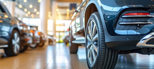 Luxurious black vehicle displayed in modern showroom of car dealership for sale and rent business - obrazy, fototapety, plakaty