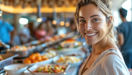 Happy woman smiling at the natural foods buffet line in restaurant event