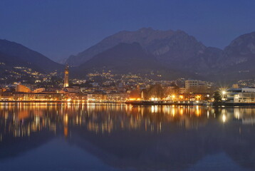 Nightscape landscape on Lecco lake, Lombardy, Italy.