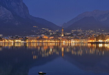 Naklejka na ściany i meble Nightscape landscape on Lecco lake, Lombardy, Italy.