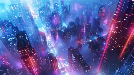 Obraz premium Futuristic cityscapes bathed in the luminous glow of neon lights, capturing the imagination against white