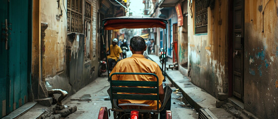 A rickshaw driver skillfully maneuvering through a tight alleyway in a bustling city street. - obrazy, fototapety, plakaty