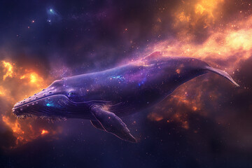 A whale is flying through a galaxy of stars . The image is a beautiful and surreal representation of the vastness of space and the majesty of the natural world 