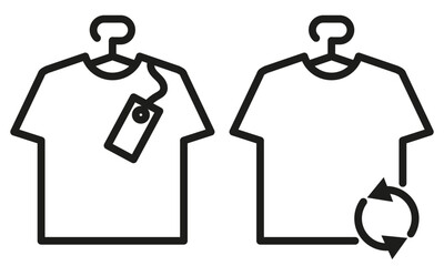Set of icon Tshirt on the hanger with label and with second hand icon on white background. Editable stroke. Clothes hanger. New clothing icon. Second hand clothing icon . Vector graphics