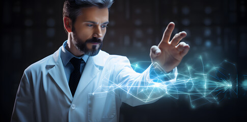 Male Doctor touching glowing virtual interface with his finger  isolated on dark background
