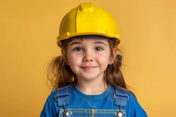 Happy young engineer girl in yellow helmet and blue overalls on pastel background - obrazy, fototapety, plakaty