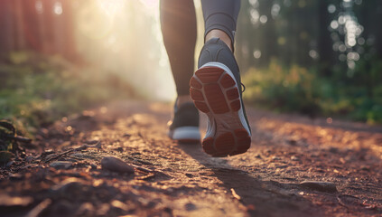 A person is running on a dirt path with a blue shoe . The sun is shining brightly, casting a warm glow on the scene