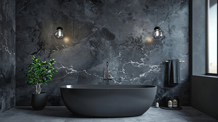 Minimalist dark bathroom with marble wall background i