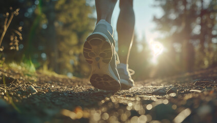 A person is running on a dirt path with a blue shoe . The sun is shining brightly, casting a warm glow on the scene