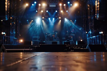 A stage at rehearsal. live production. Blurred motion. bright lights, setting up live stage equipment 
