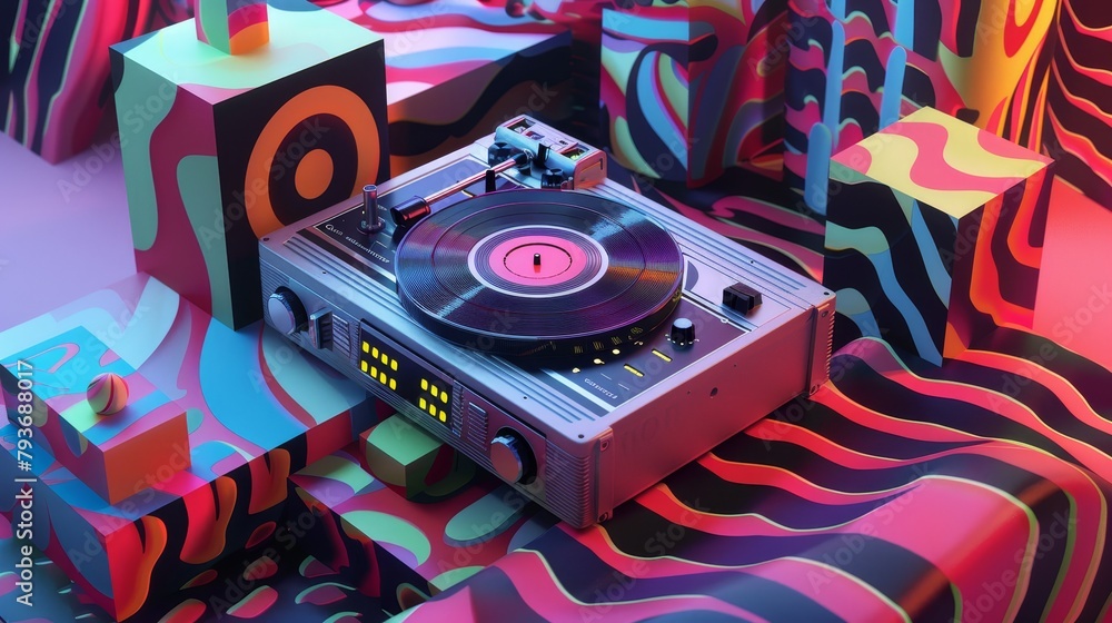 Poster a retro-inspired 3d model of a tape deck surrounded by psychedelic patterns ai generated illustratio