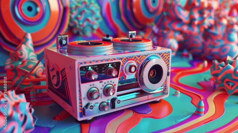 Poster a retro-inspired 3d model of a tape deck surrounded by psychedelic patterns ai generated illustratio