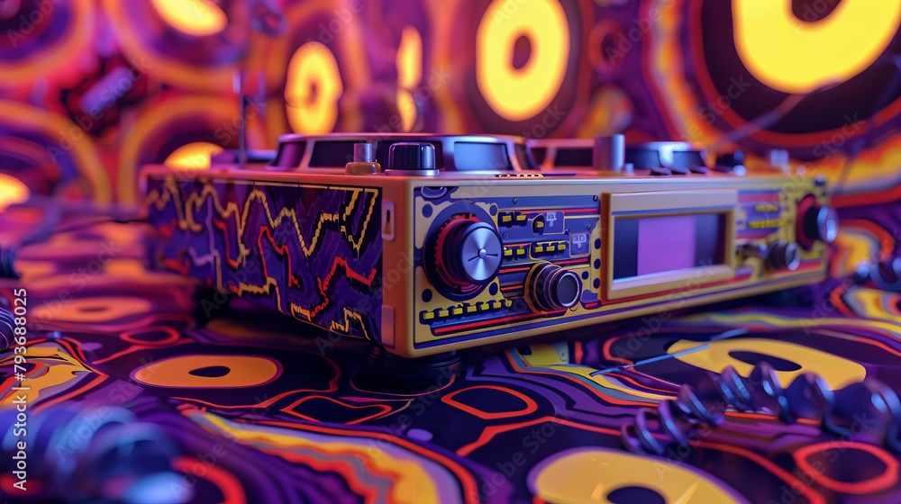 Poster a retro-inspired 3d model of a tape deck surrounded by psychedelic patterns ai generated illustratio